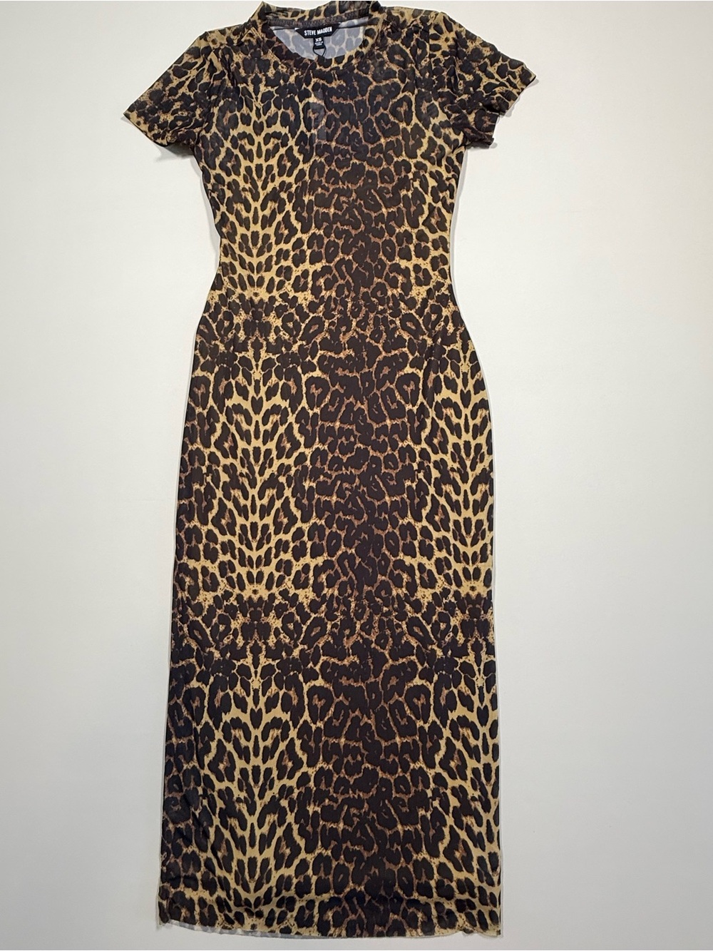 Steve Madden Leopard Print Bodycon Midi Dress Short Sleeve Fitted Y2K Trendy XS - Picture 3 of 11
